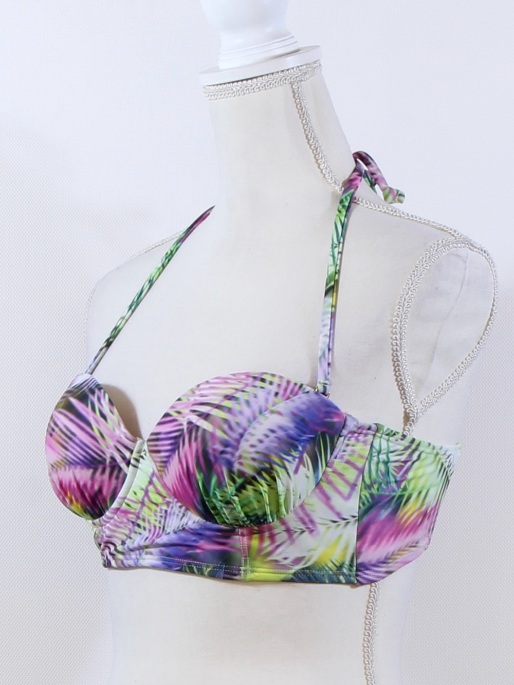 Bongo Balconette Purple Green Pink Tropical Print Halter Bikini Top NWOT